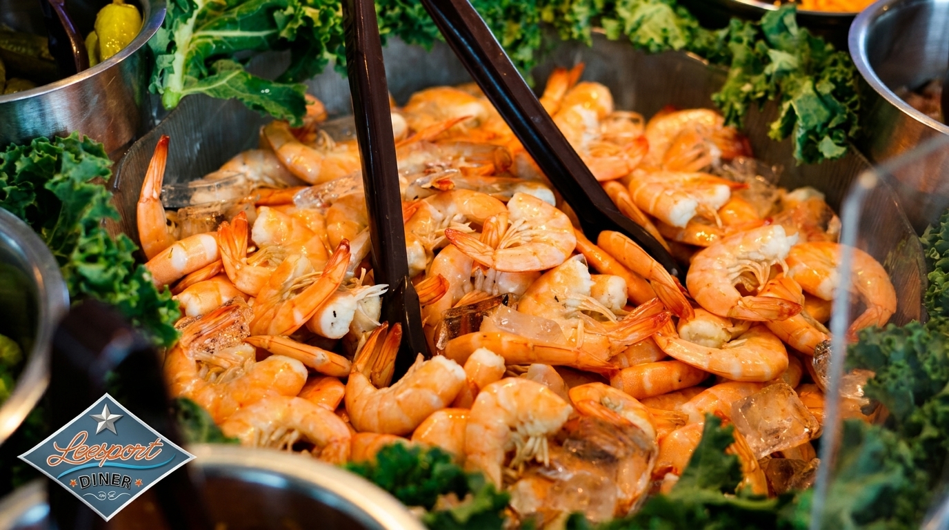 A close-up of a Leesport Diner buffet with chilled shrimp, ice, and green leafy vegetables.