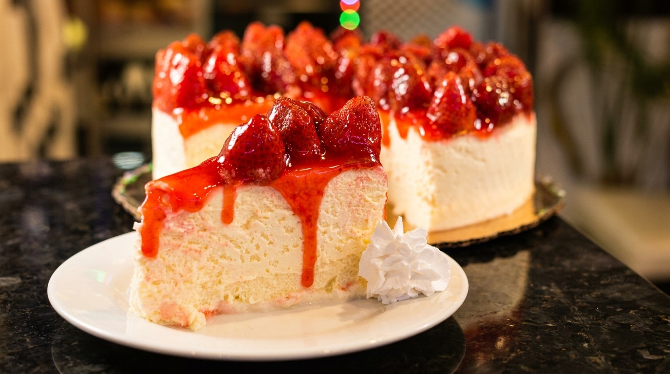 A slice of strawberry cheesecake with whipped cream on a white plate, with a whole cheesecake in the background.