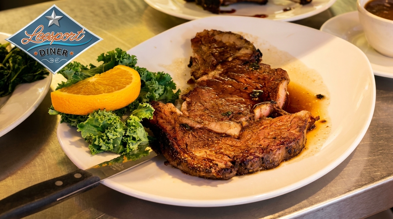 Leesport Diner's grilled steak with kale, an orange slice, and a side of gravy.