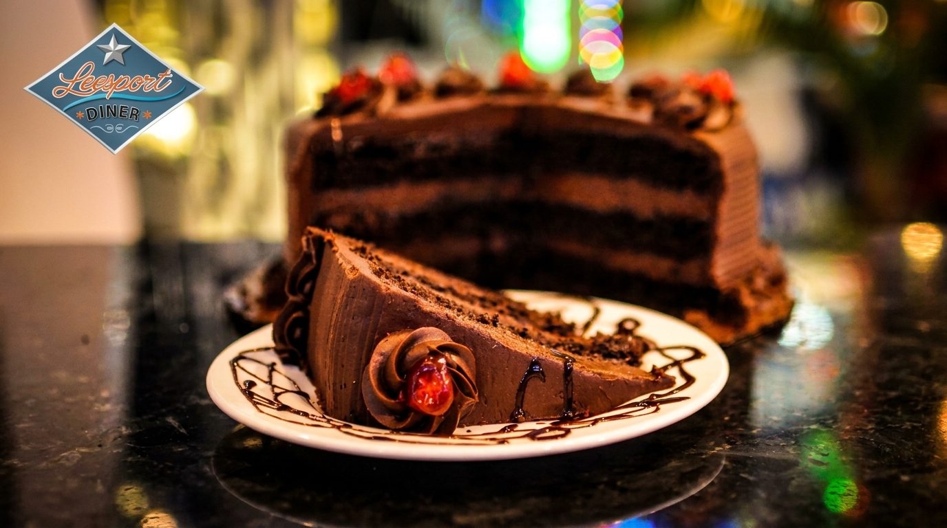A slice of chocolate cake with a cherry on a plate, with a whole cake in the background.
