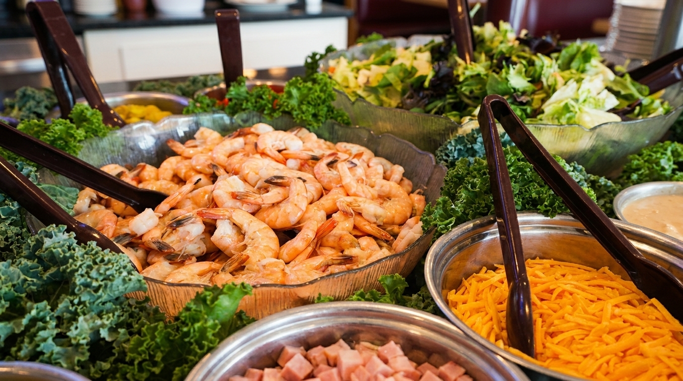 A salad bar with bowls of shrimp, shredded cheese, diced ham, and mixed greens.