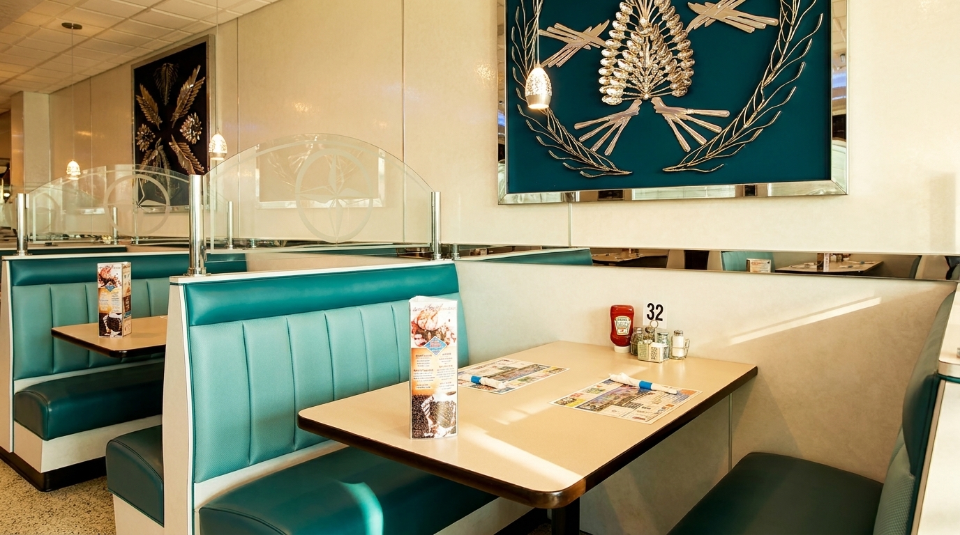 Diner interior with teal booths, light-colored tables, and a decorative wall art piece.