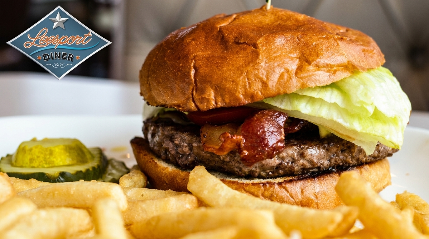 Leesport Diner burger with bacon, lettuce, tomato, fries, and pickles on a white plate.