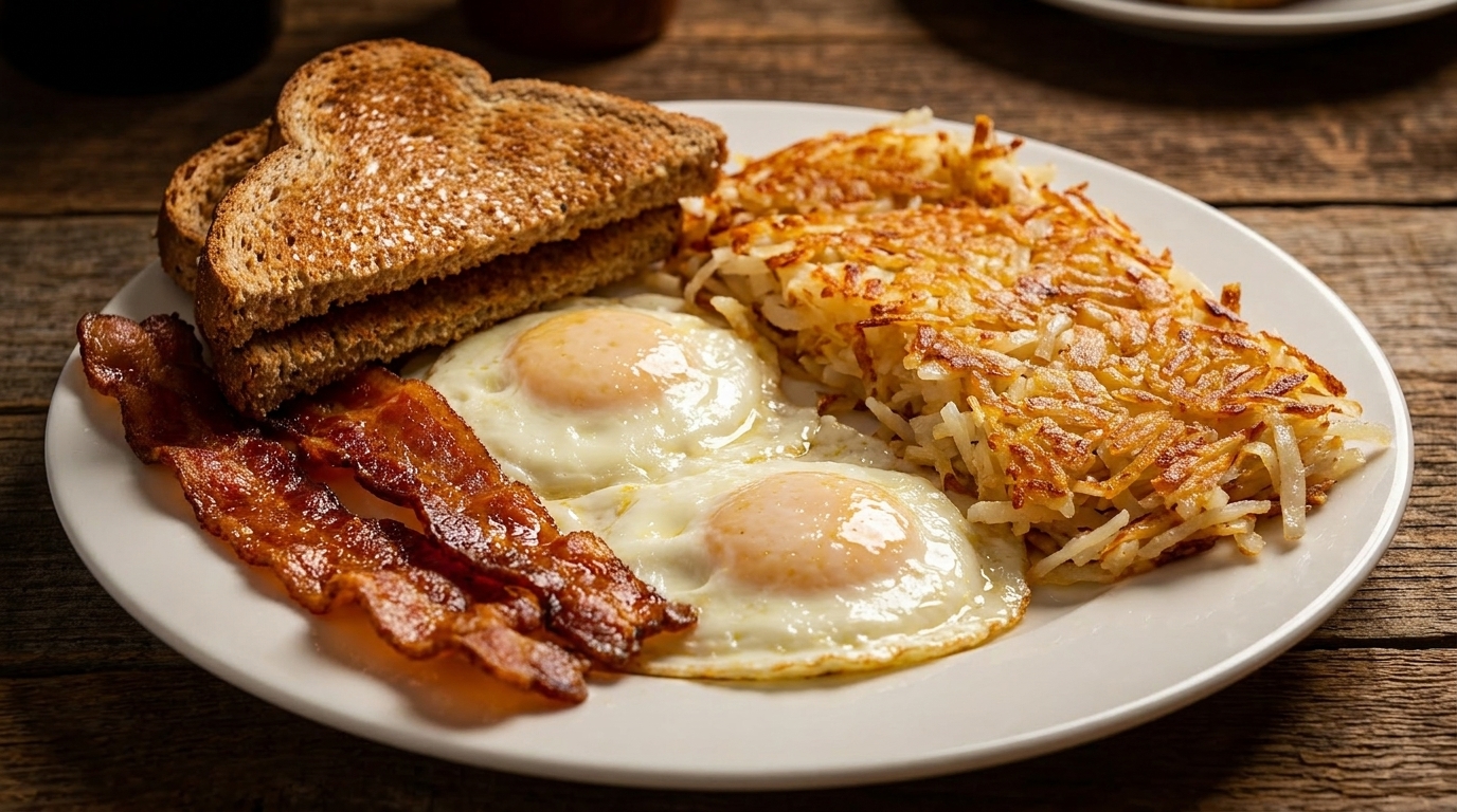 A white plate holds a classic breakfast of crispy bacon, two fried eggs, hash browns, and toast.