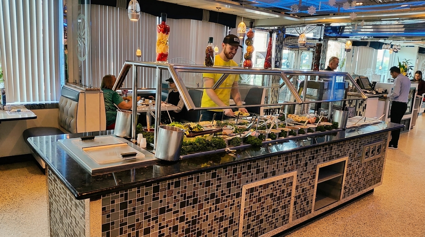A man in a yellow shirt serves himself from a long, well-stocked salad bar in a brightly lit restaurant.