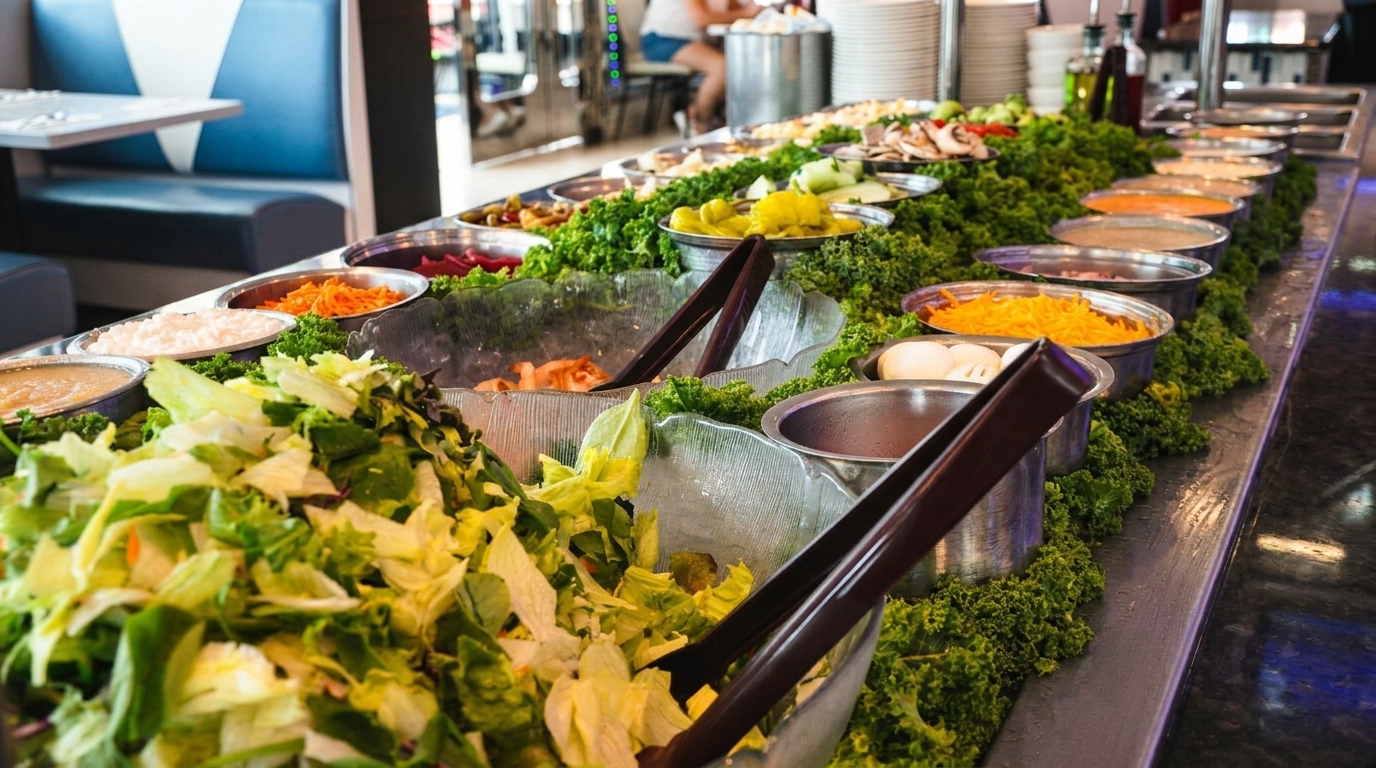 A long salad bar filled with fresh greens, vegetables, toppings, and dressings in a restaurant.