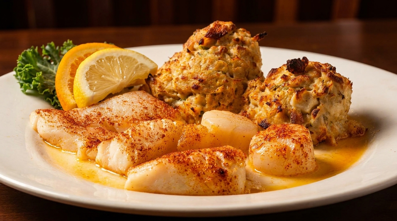Seafood platter with baked fish, scallops, crab cakes, lemon, orange, and parsley on a white plate.