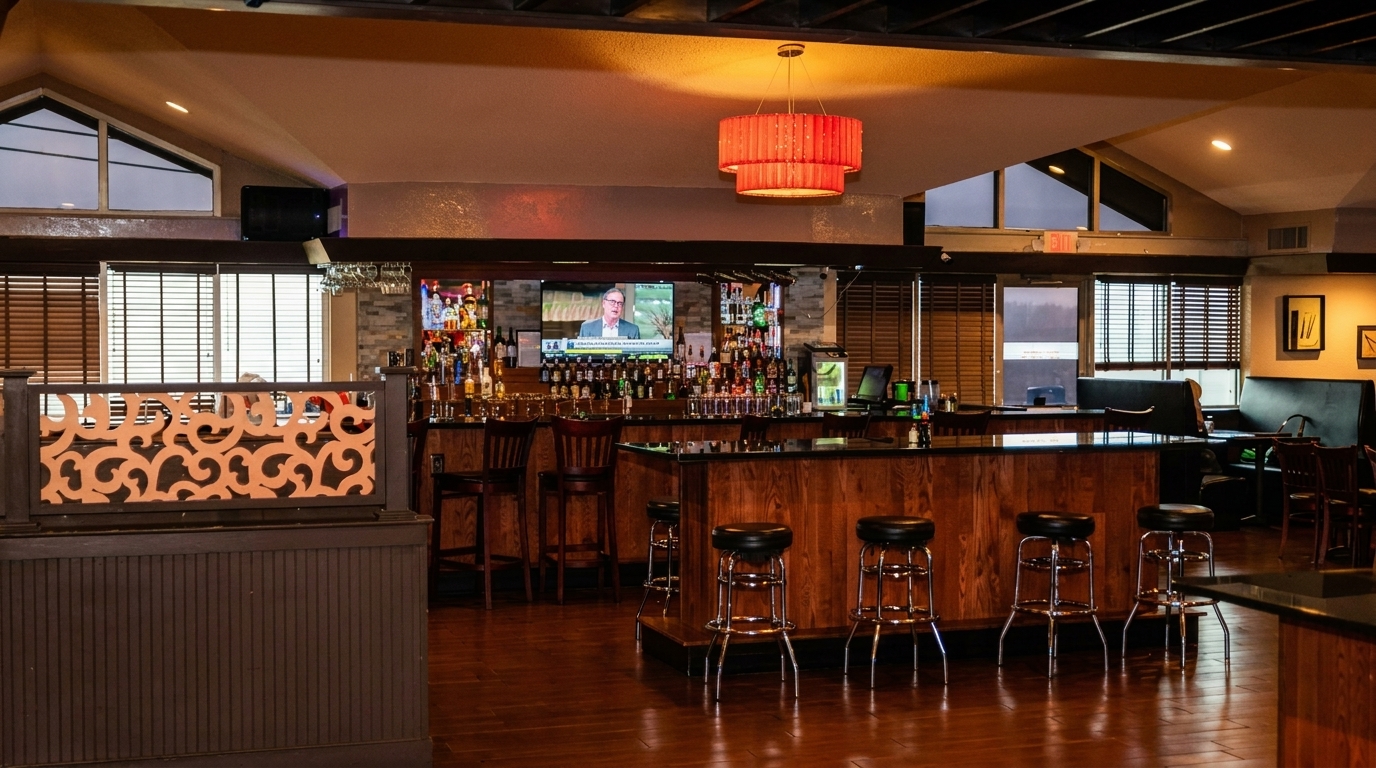 A well-lit, empty bar area with a large selection of liquor bottles and bar stools.