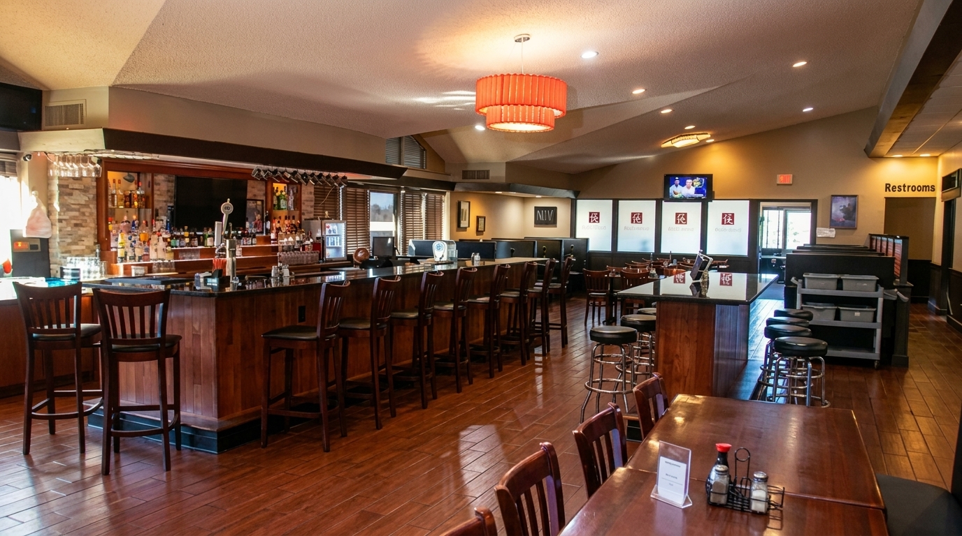 Interior of a restaurant with a long bar, high-top tables, and dining booths under warm lighting.