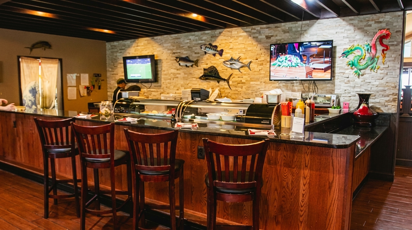 A sushi bar with wooden stools, a stone wall with fish decorations, and two TVs.