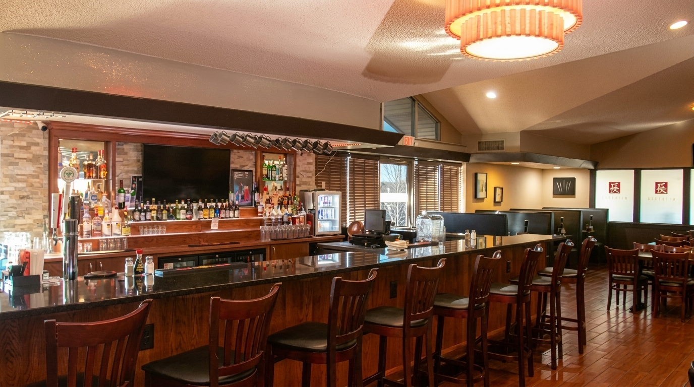 A well-stocked bar with dark wood and stone accents, bar stools, and dining area beyond.
