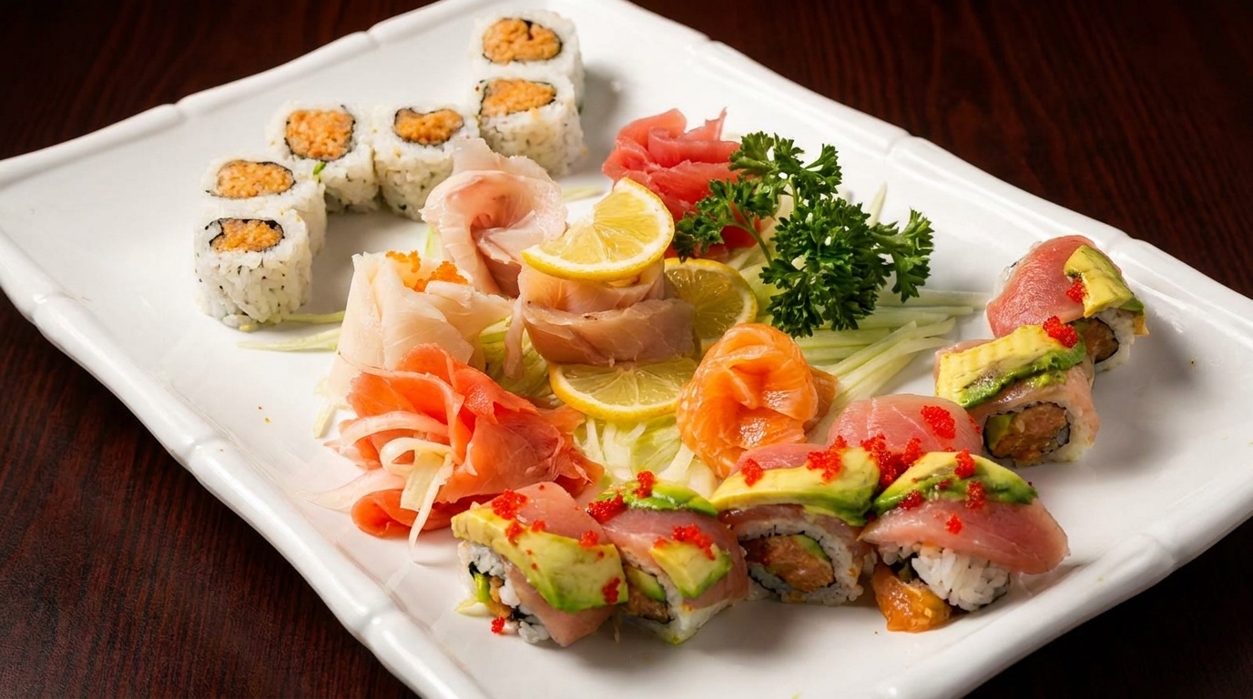 A white platter holds various sushi rolls, sashimi, and garnishes like lemon slices and parsley.