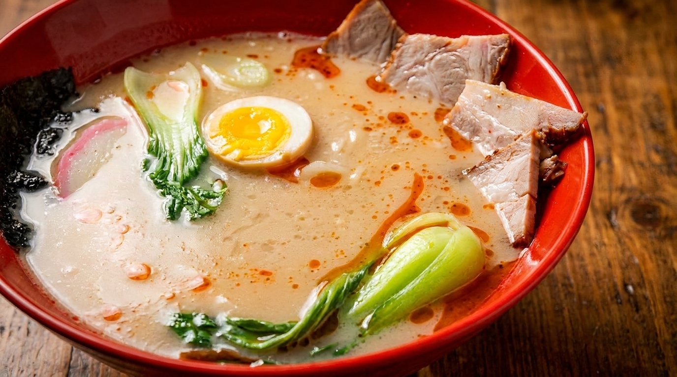 Close-up of a red bowl of ramen with pork, bok choy, egg, and fish cake.