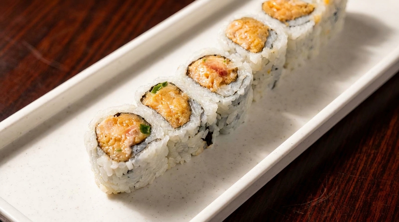 Six pieces of spicy tuna sushi rolls with rice and seaweed on a white rectangular plate.