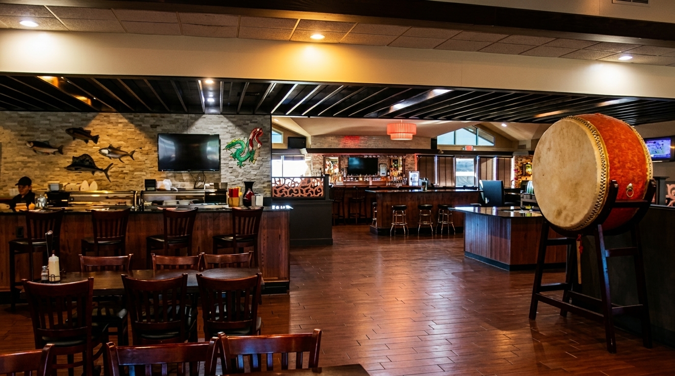 Spacious restaurant interior with sushi bar, dining tables, a full bar, and a large decorative drum.