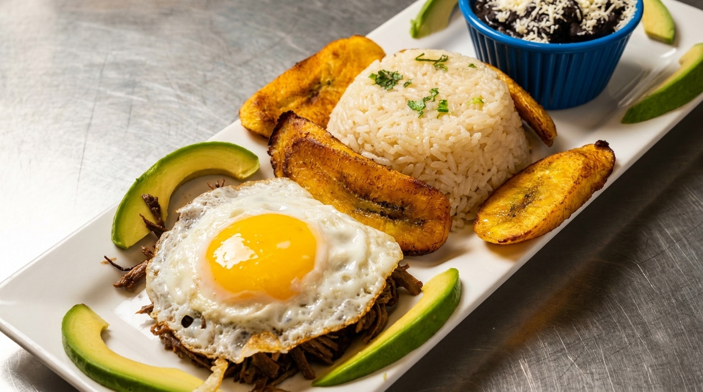 A white plate with rice, fried plantains, shredded meat, a fried egg, avocado slices, and black beans.