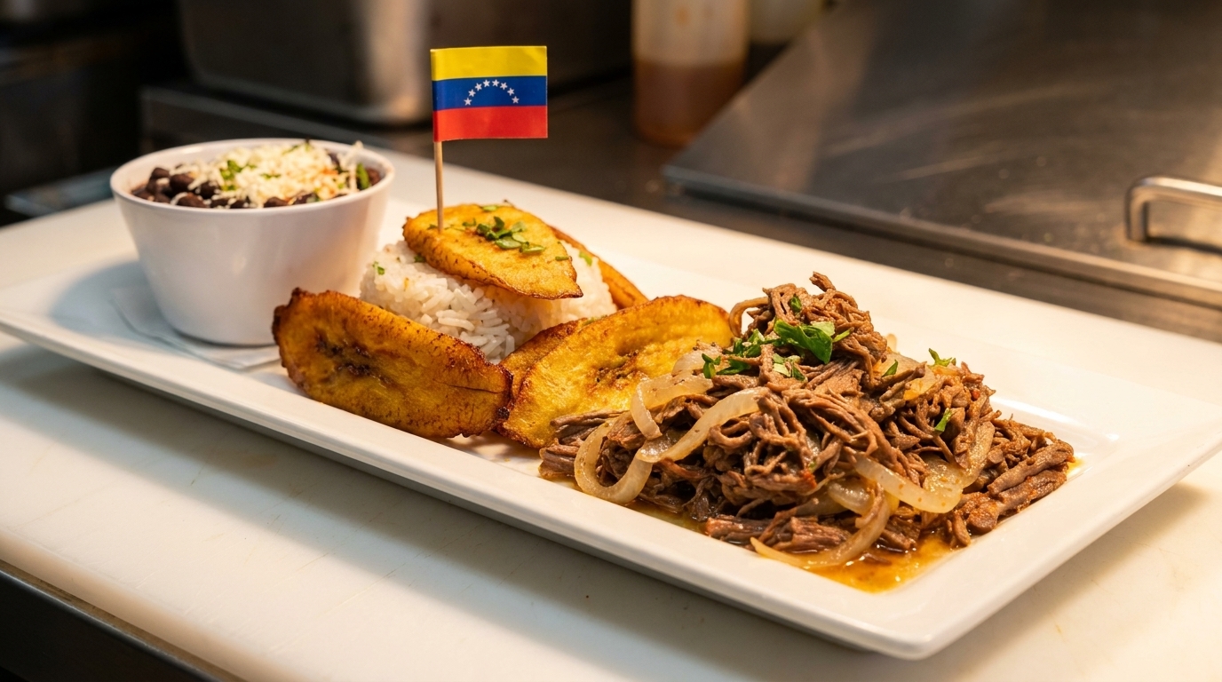 Venezuelan dish with shredded beef, rice, fried plantains, black beans, and a Venezuelan flag.