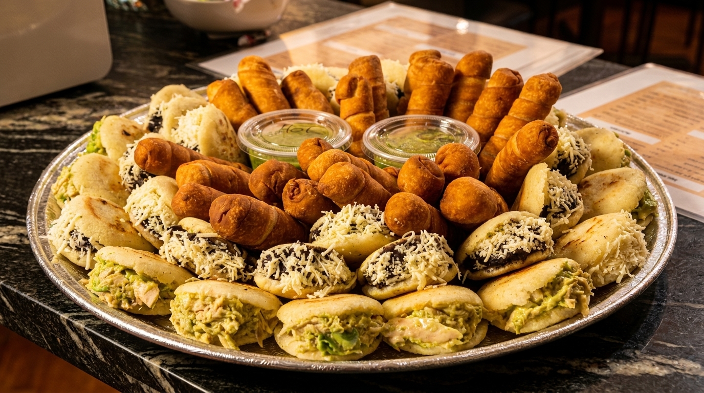 A large platter of various appetizers, including arepas with different fillings and fried pastries, with two dipping sauces.