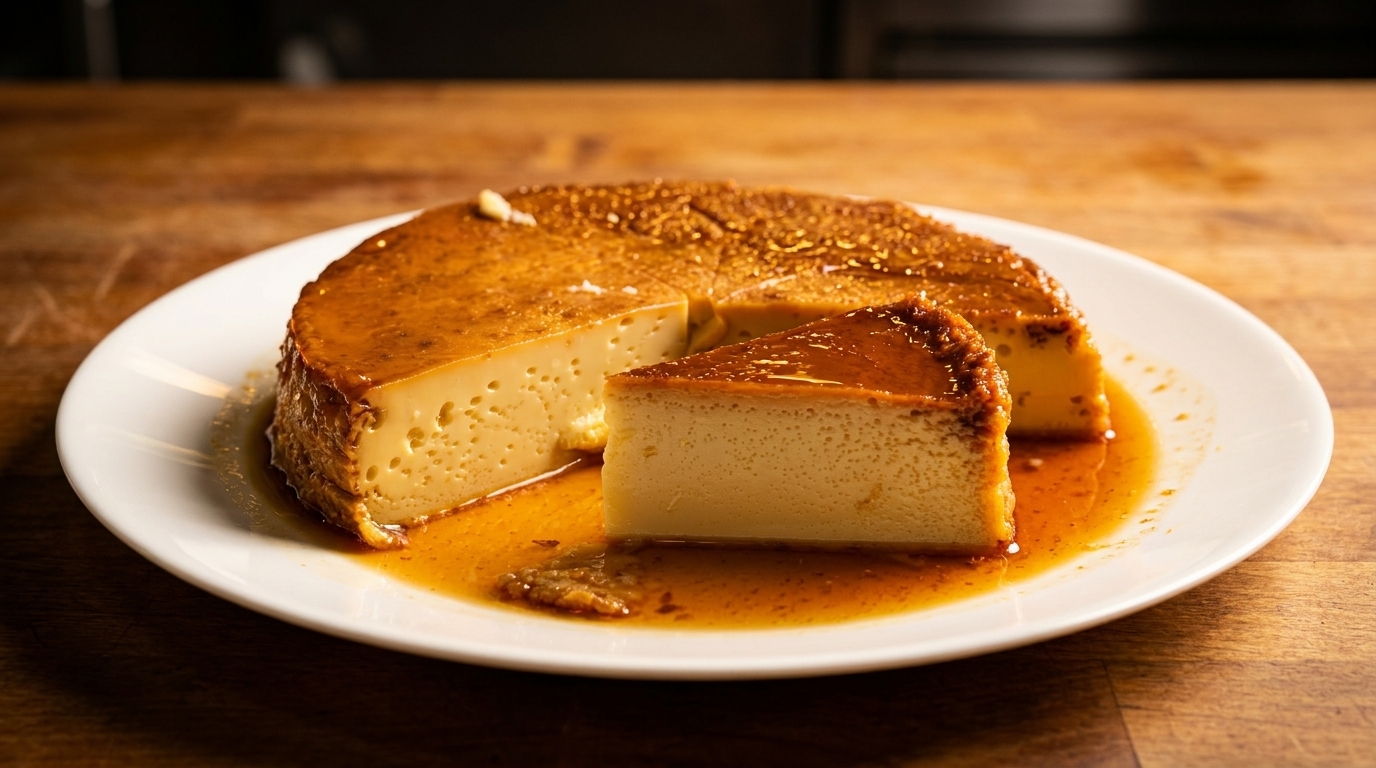 A whole flan with a slice cut out, covered in caramel sauce on a white plate.