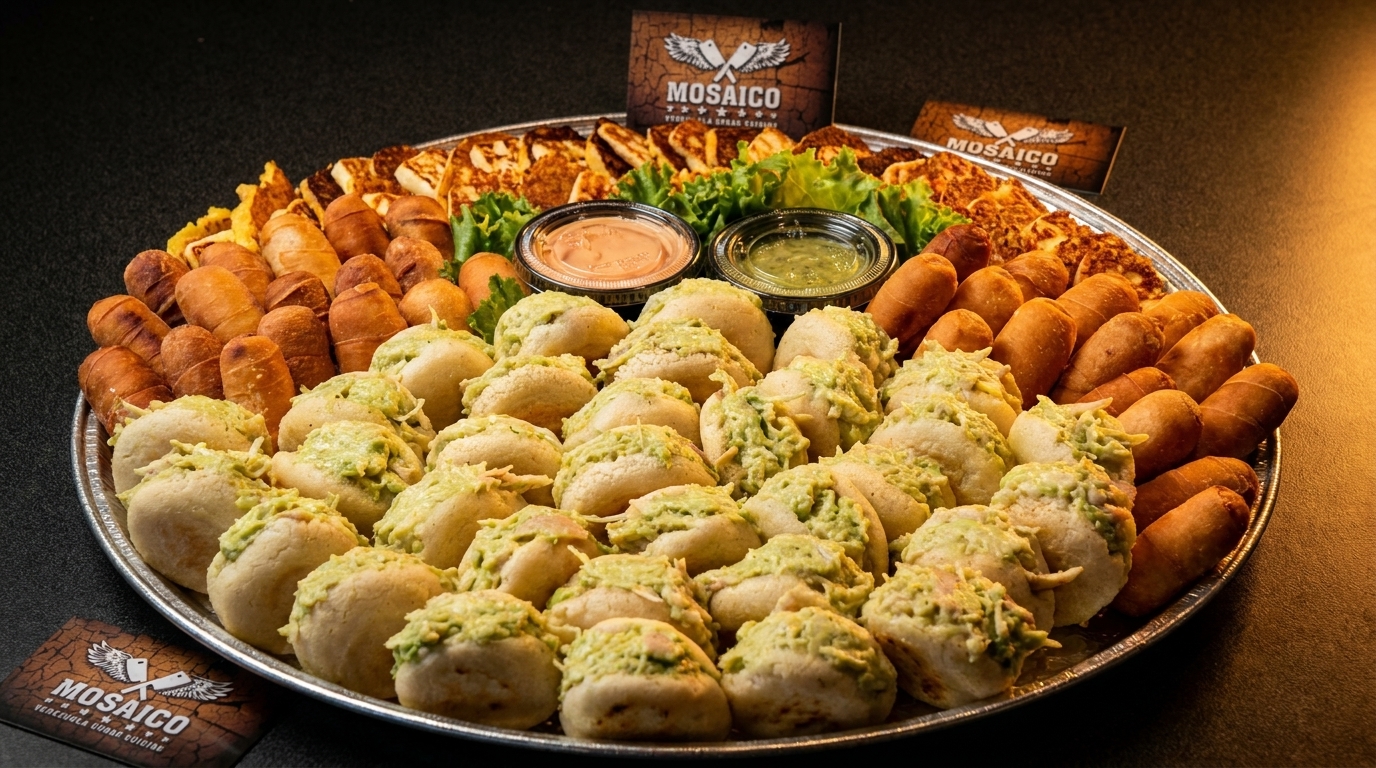 A large platter of Venezuelan appetizers, including arepas, tequeños, and grilled cheese, with dipping sauces.