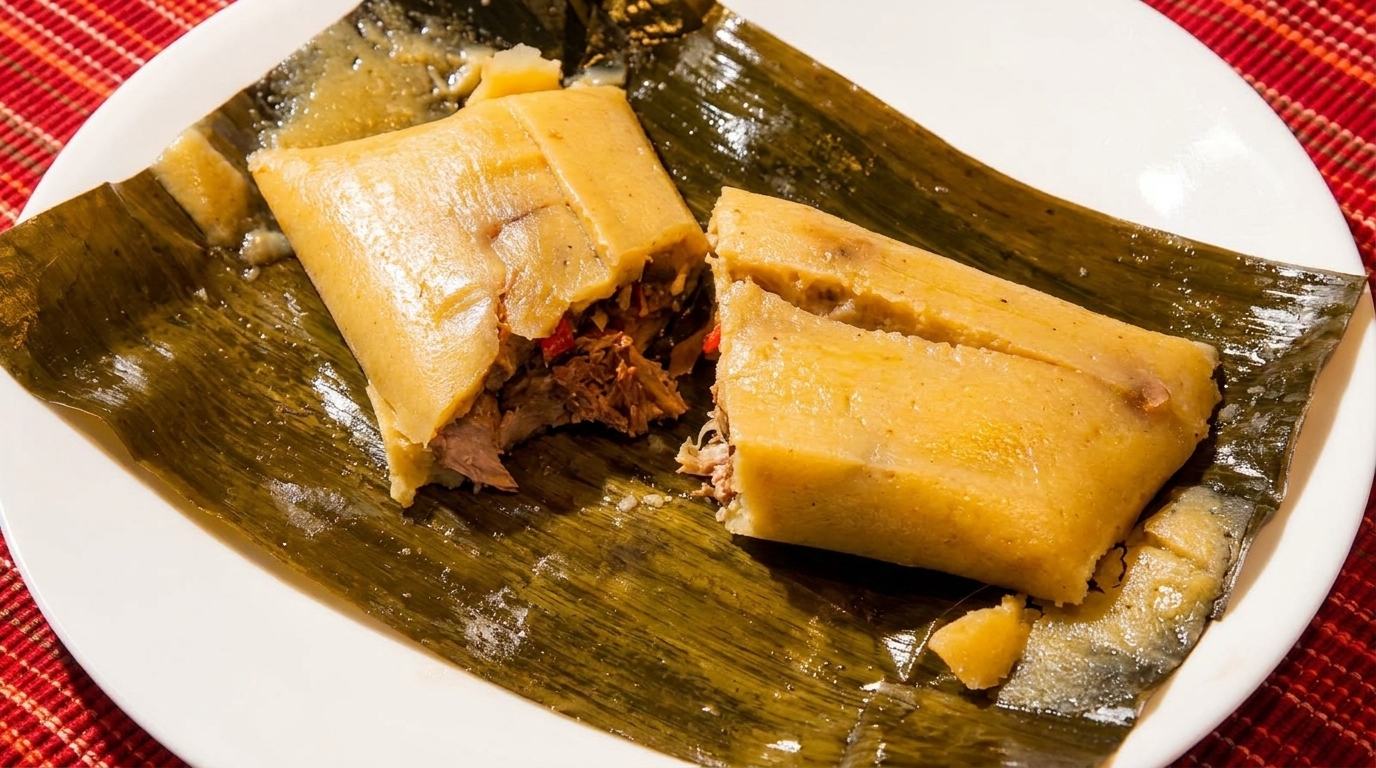 Two tamales, one cut open to reveal a savory meat filling, served on a banana leaf.
