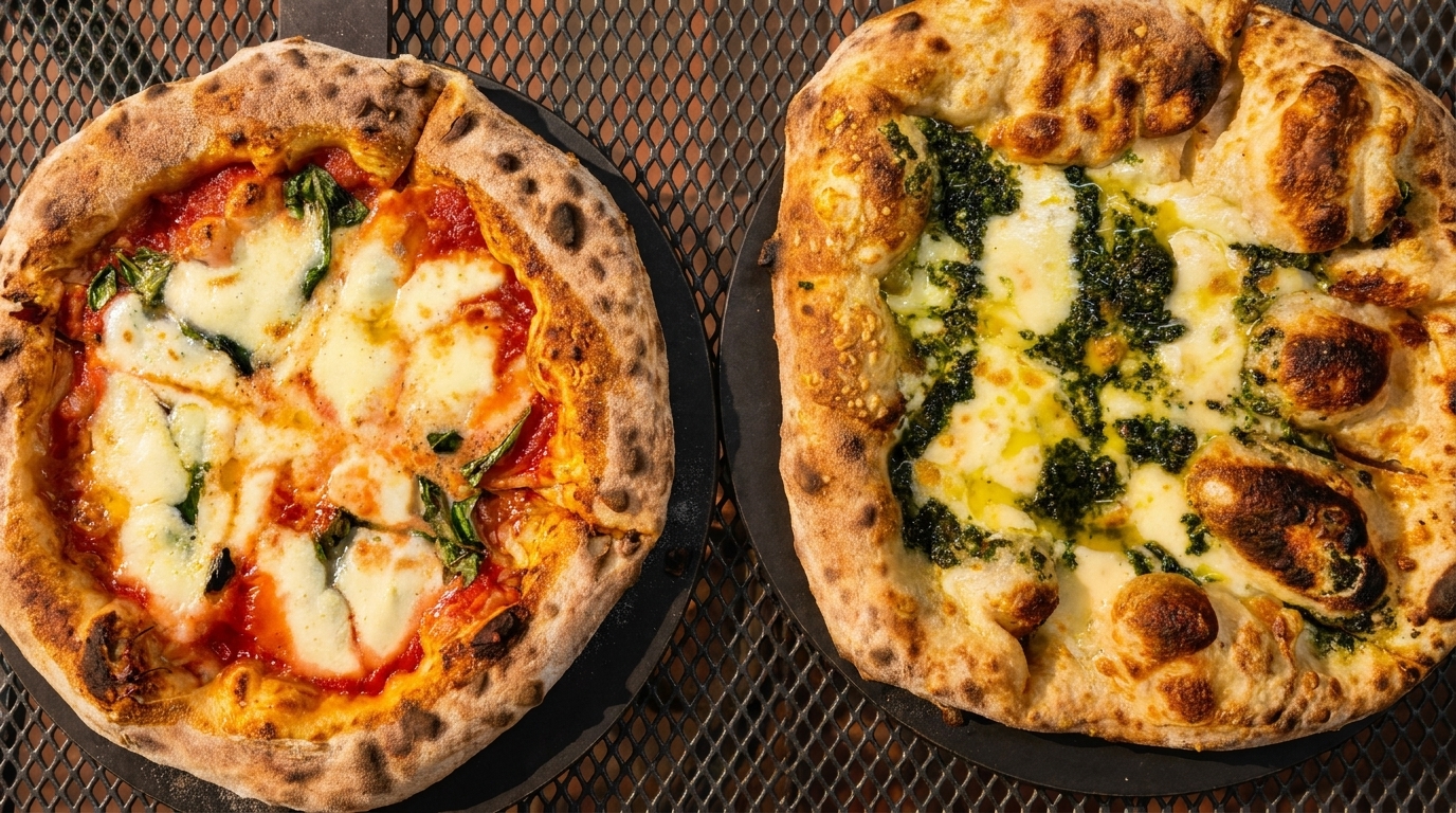 Two pizzas, one Margherita and one pesto, on a dark metal mesh table.