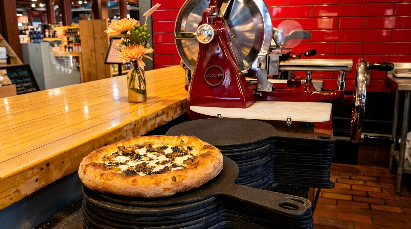 Mushroom pizza on a stack of pizza peels, with a red meat slicer and wooden counter in the background.