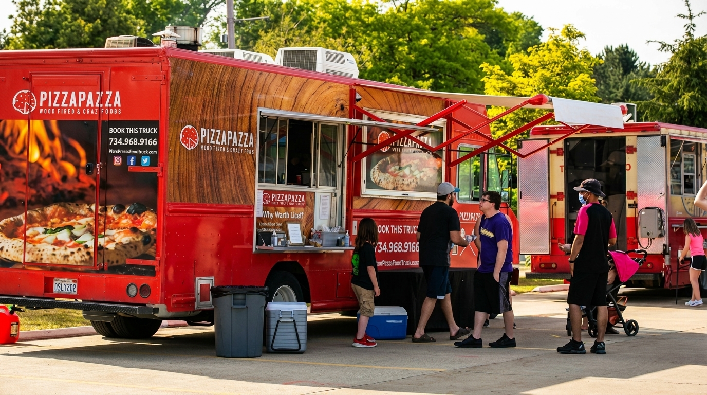 People gather around a red PizzaPazza food truck with wood-fired pizza graphics.