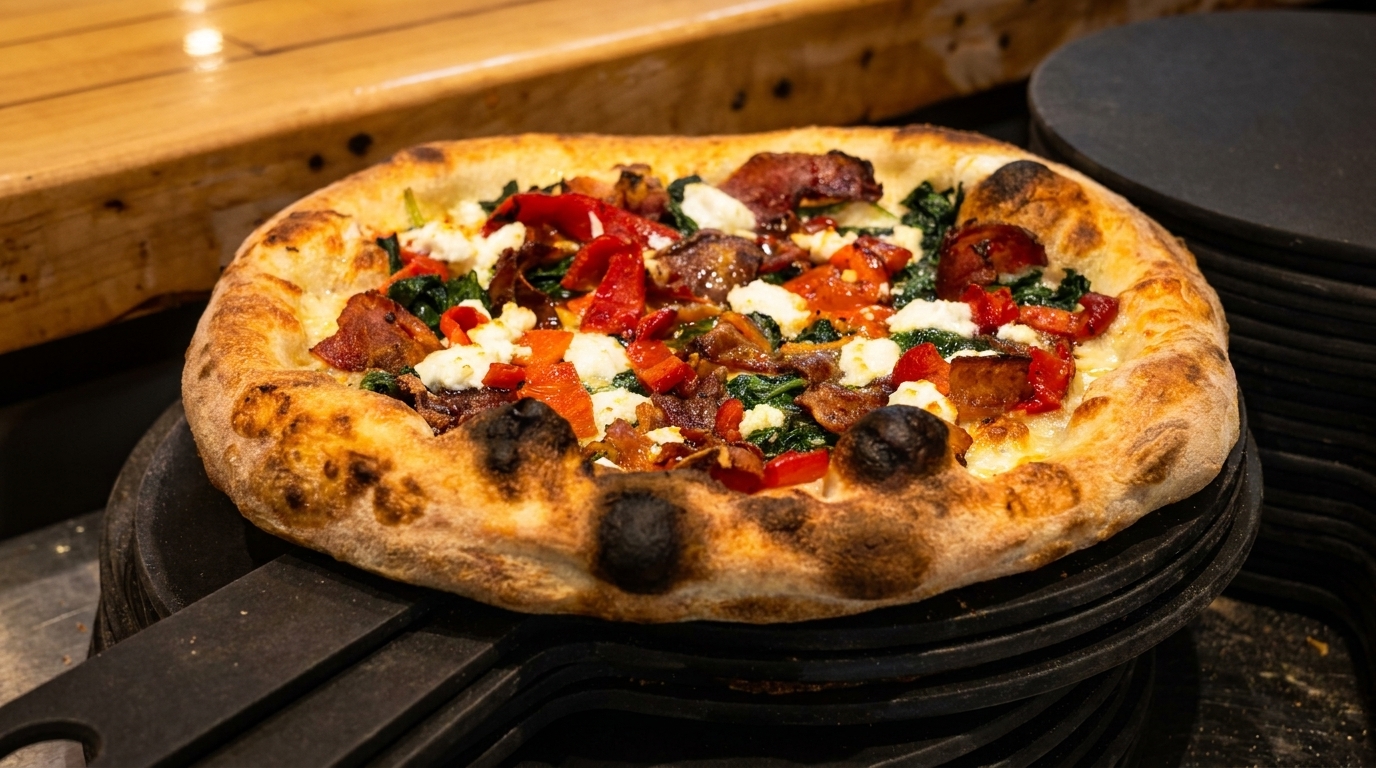 A freshly baked pizza with red peppers, spinach, bacon, and ricotta cheese on a dark serving tray.