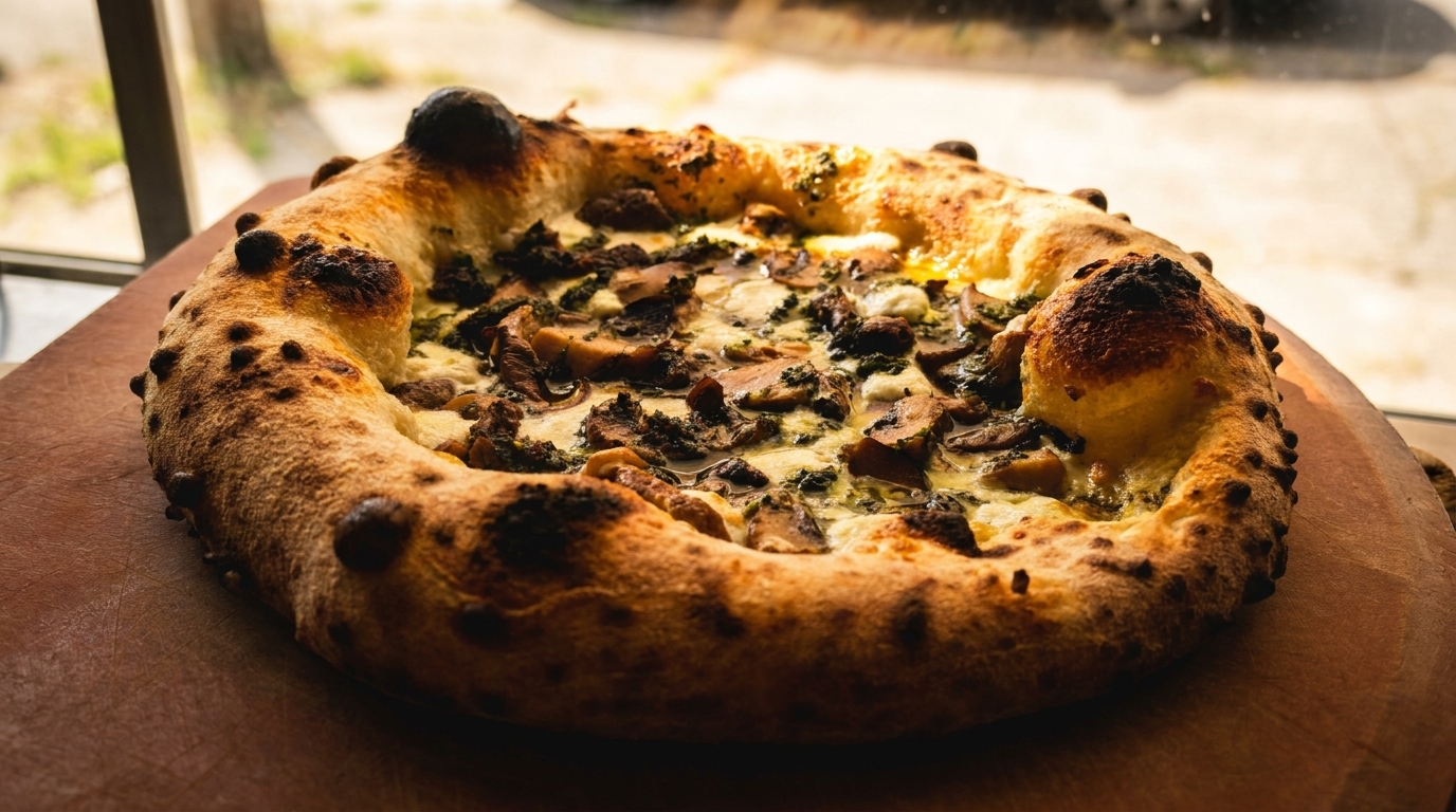 Close-up of a freshly baked mushroom and pesto pizza with a thick, bubbly crust on a wooden peel.