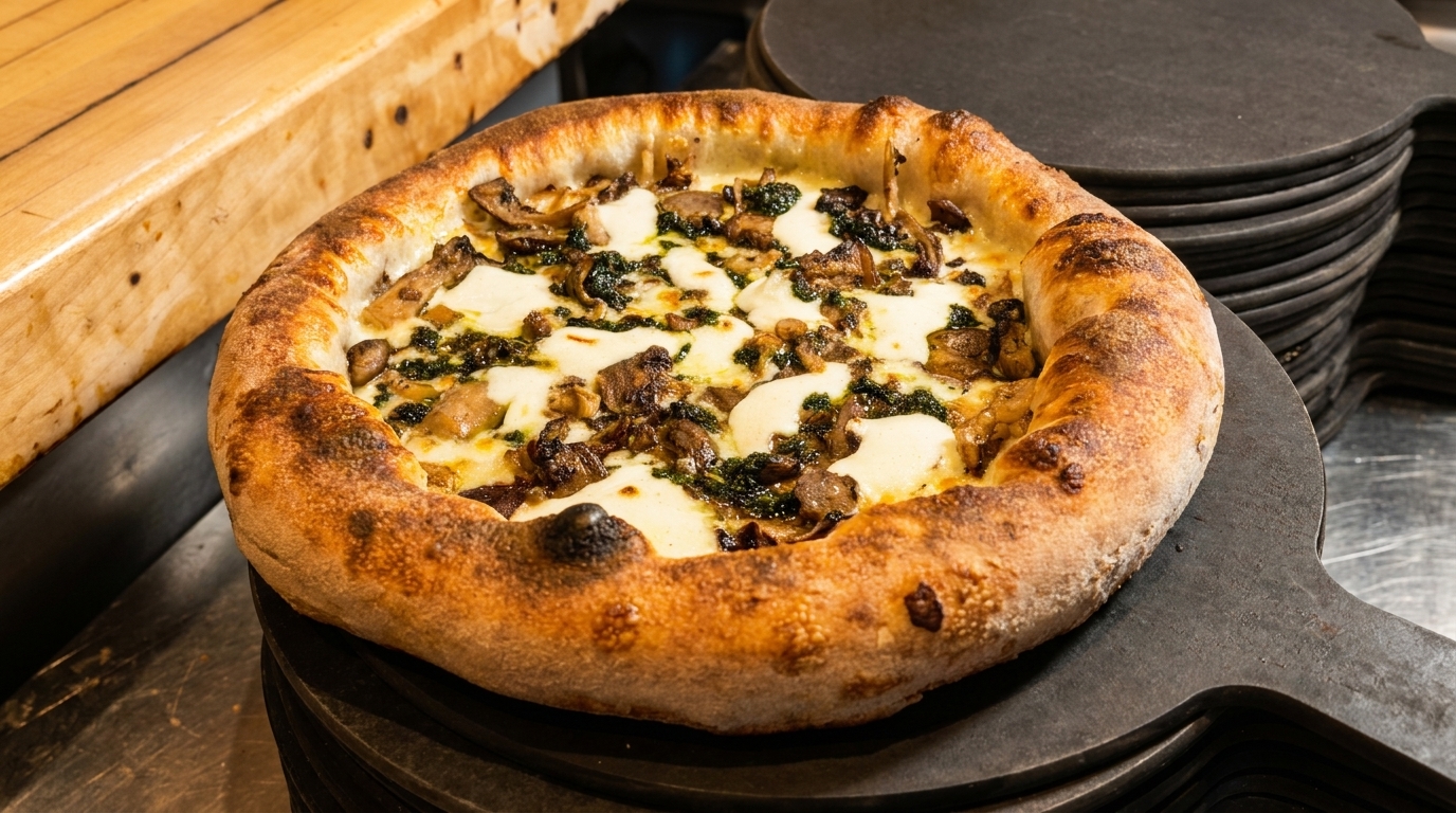 A freshly baked pizza with mushrooms, green herbs, and melted mozzarella cheese on a dark serving board.