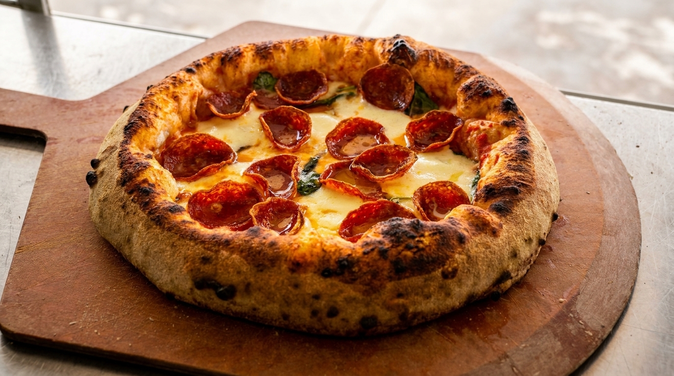 Freshly baked pepperoni pizza with a thick, bubbly crust on a wooden pizza peel.