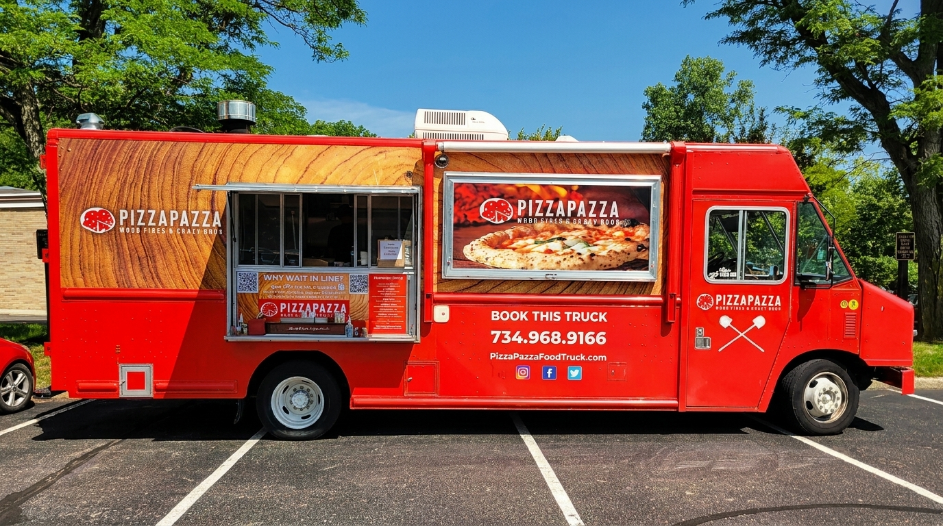 A red PizzaPazza food truck with a wood-grain design and a pizza advertisement is parked outdoors.