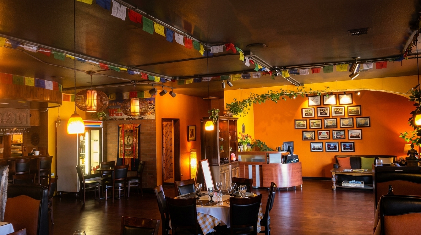 Warmly lit restaurant interior with orange walls, prayer flags, and set tables, creating an inviting ambiance.