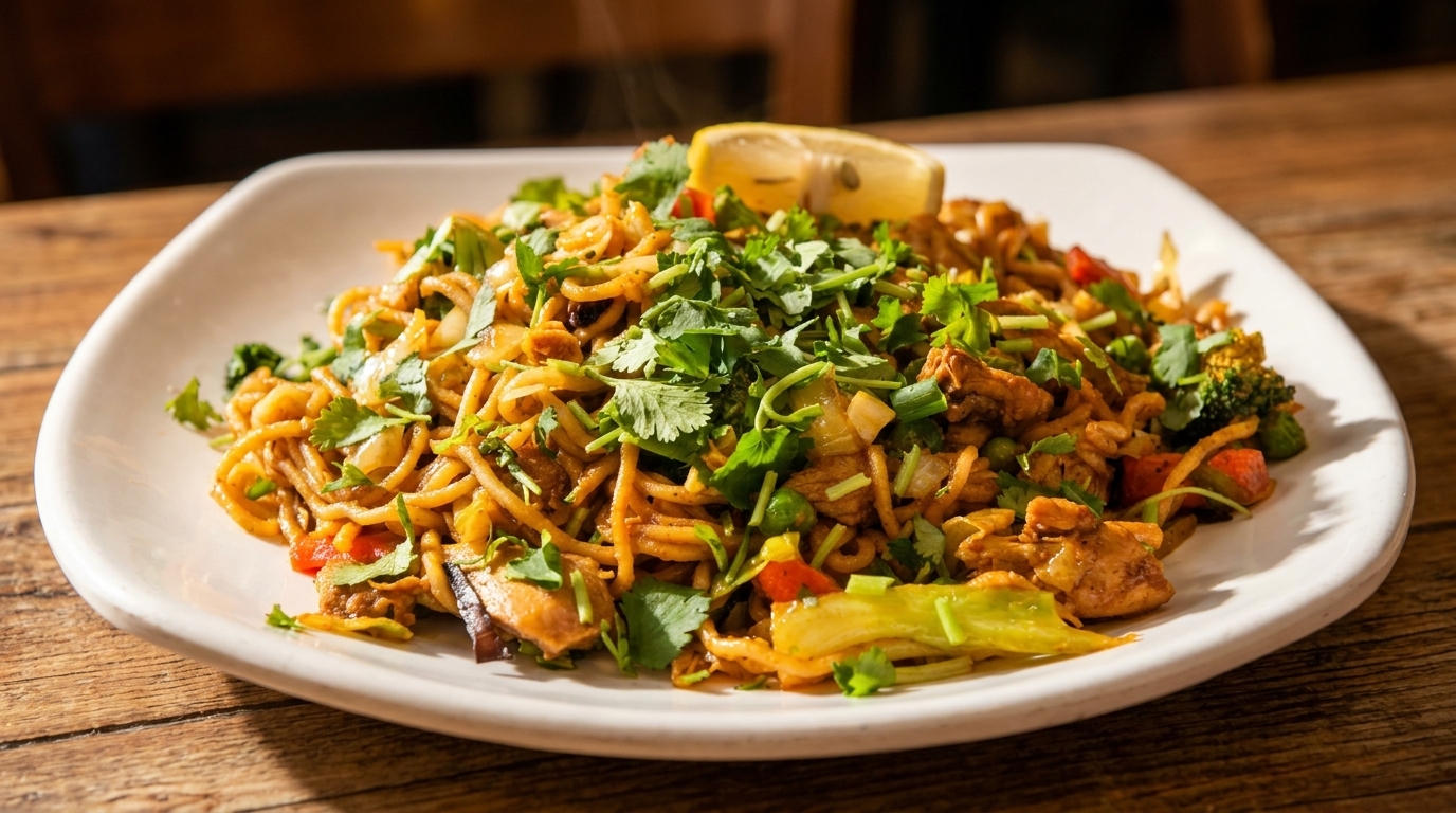Steaming chicken chow mein with vegetables, cilantro, and a lemon wedge on a white plate.