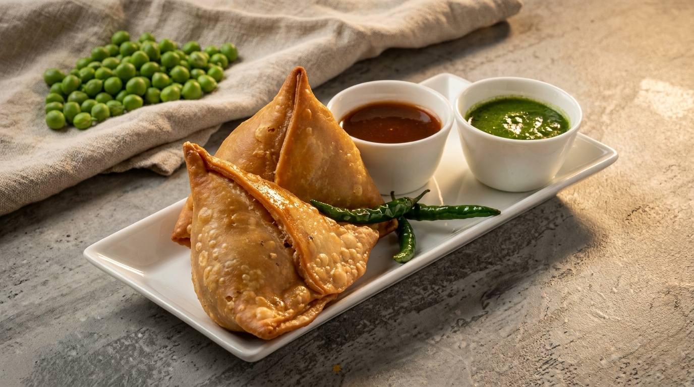 Three golden-brown samosas with green chilies, two dipping sauces, and peas on a white plate.