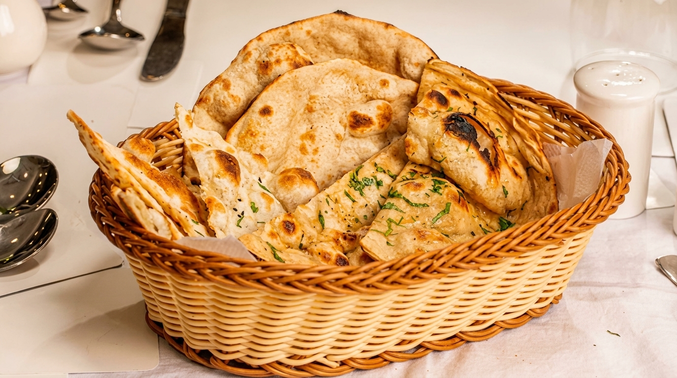 A woven basket filled with various types of warm naan bread, some topped with herbs.