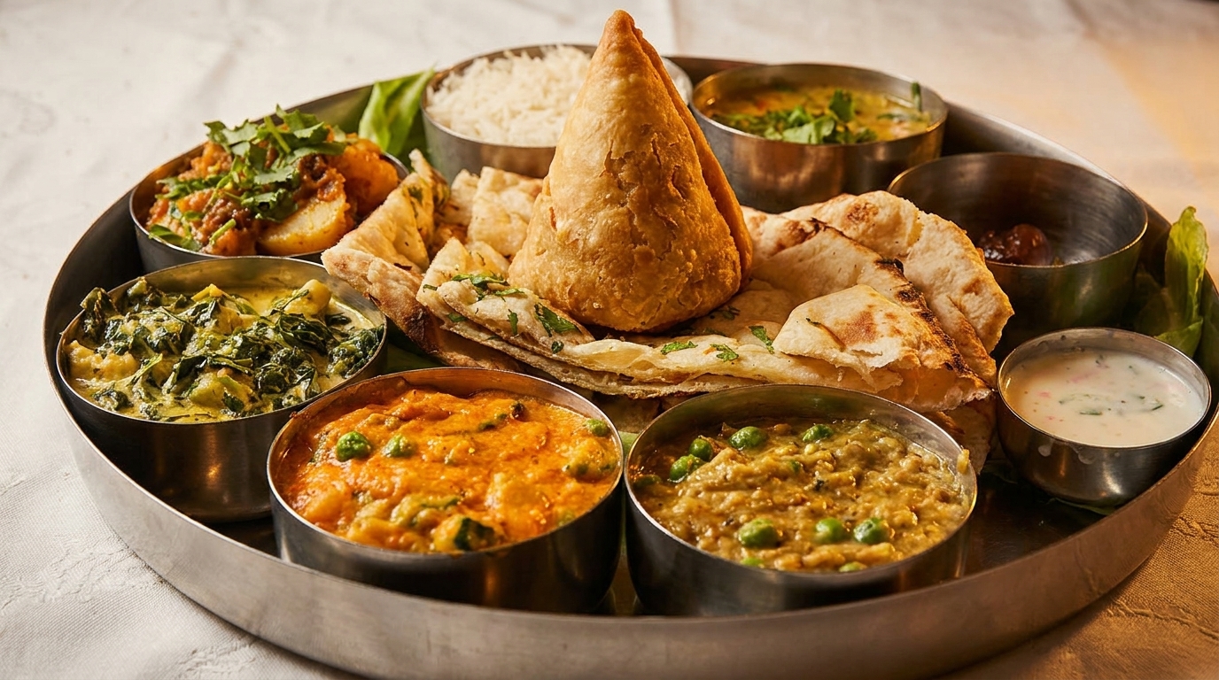A large thali platter filled with various Indian dishes, including samosa, naan, rice, and curries.