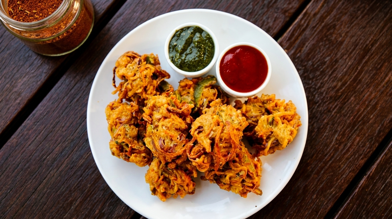 Crispy golden-brown pakoras with green chutney and red sauce on a white plate, on a wooden table.