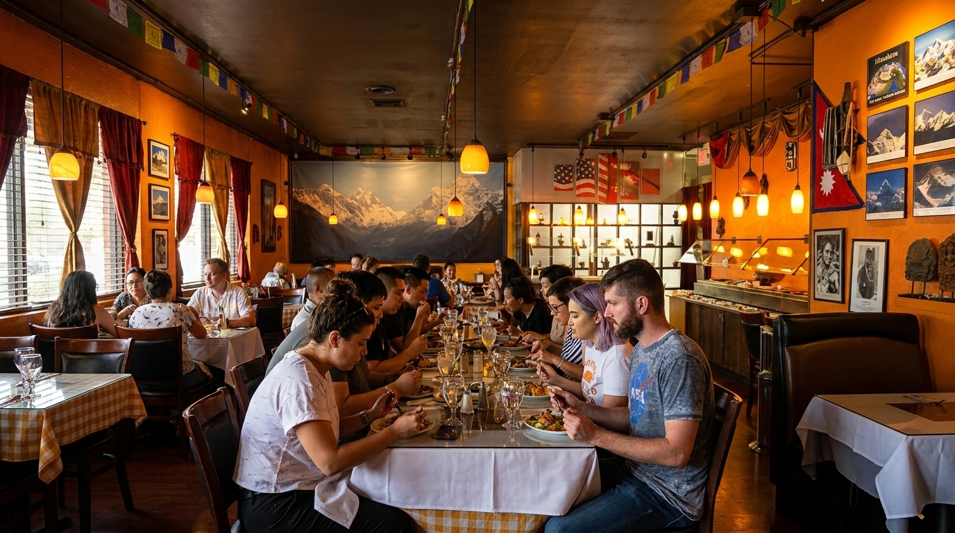 Diners enjoying meals at tables in a warmly lit restaurant with mountain murals and flags.