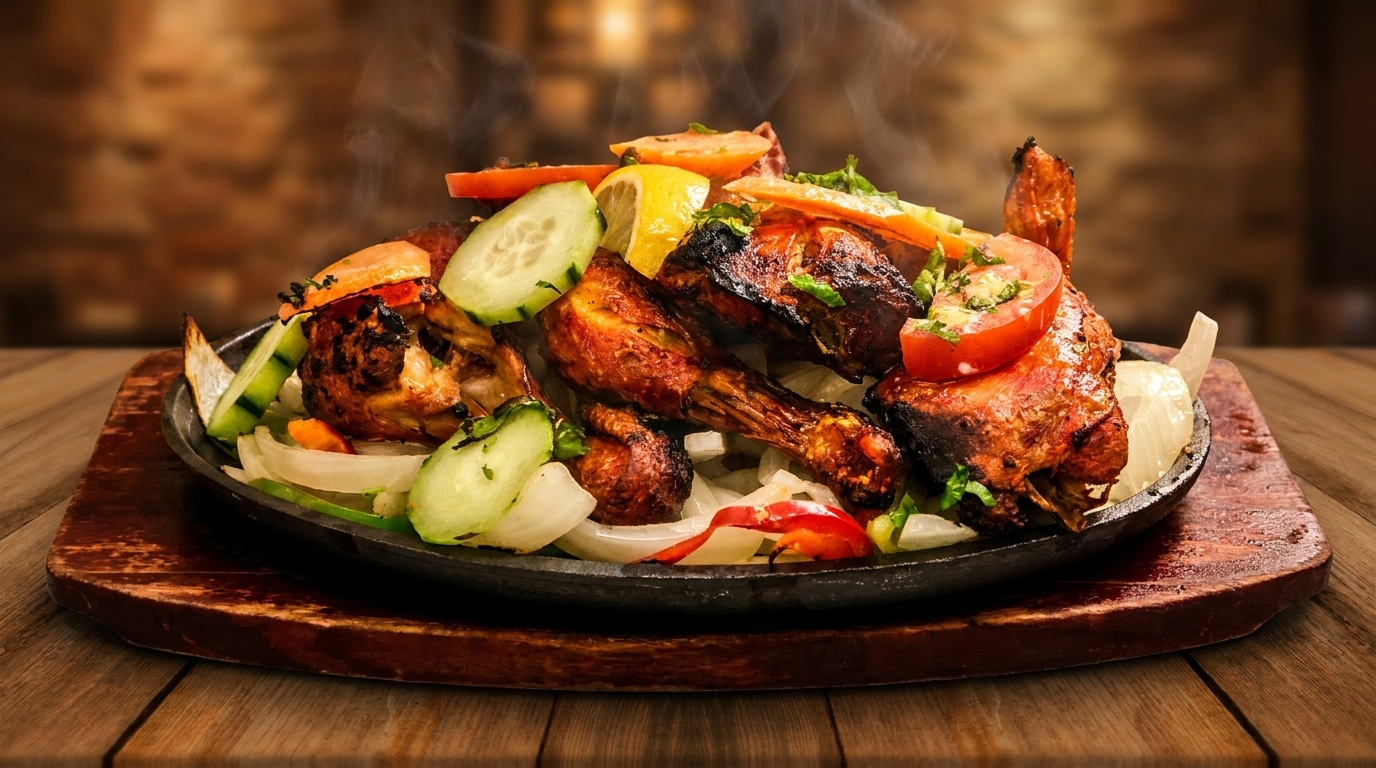 Steaming tandoori chicken with sliced cucumbers, tomatoes, onions, and lemon on a sizzling platter.