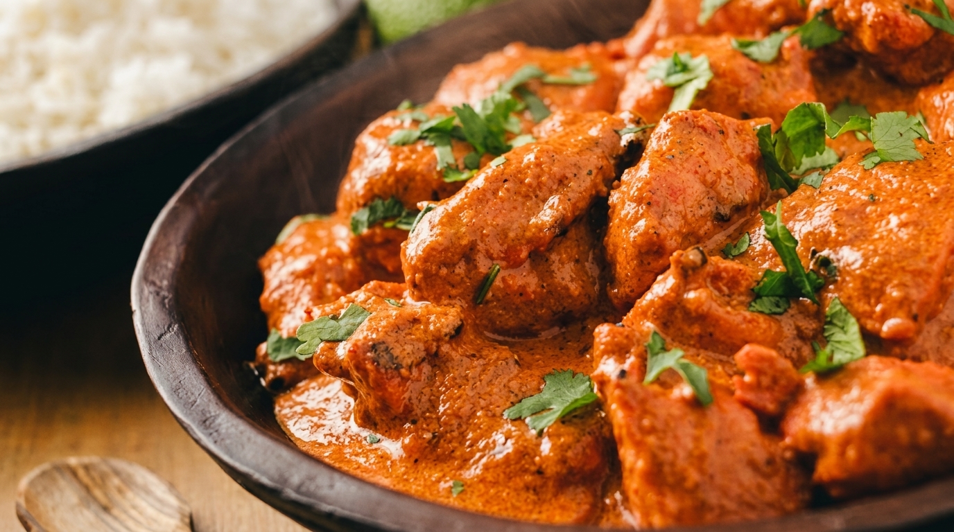 Close-up of chicken tikka masala in a dark bowl, garnished with cilantro, with rice in the background.