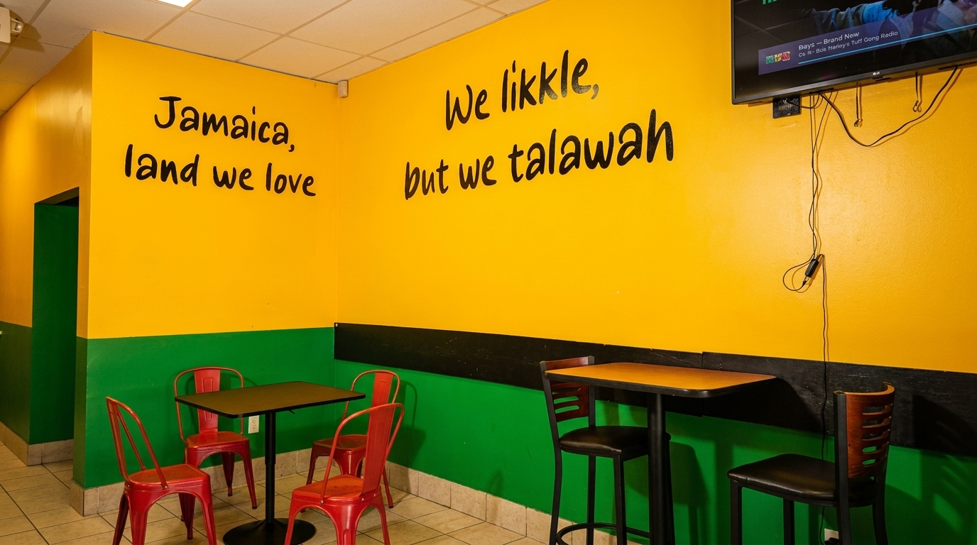 Restaurant interior with yellow and green walls, red chairs, black tables, and a TV playing music.