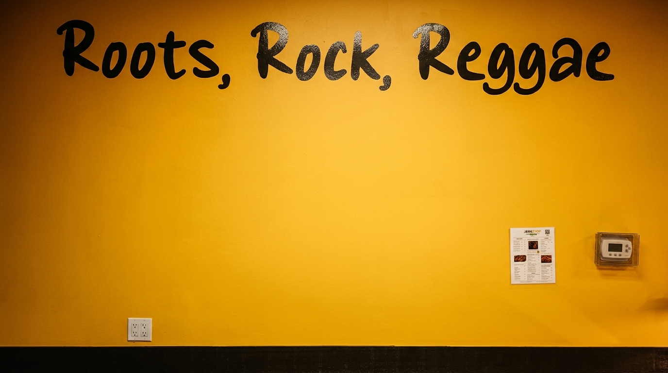 A bright yellow wall with "Roots, Rock, Reggae" painted in black, a menu, and a thermostat.