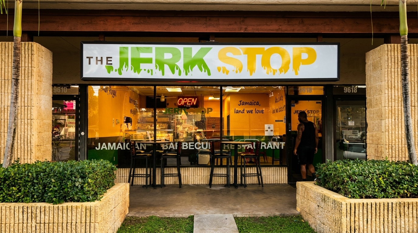 The Jerk Stop restaurant exterior with a bright yellow interior, an "OPEN" sign, and a person entering.