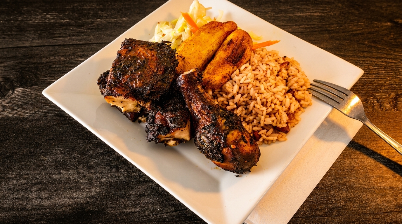 A plate of jerk chicken, rice and peas, fried plantains, and coleslaw on a dark wooden table.