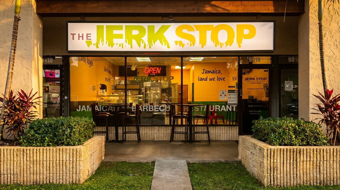 The Jerk Stop restaurant exterior with a bright yellow sign and large windows revealing the interior.