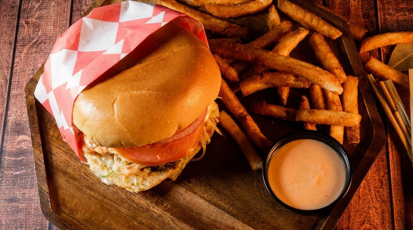 A burger wrapped in red and white checkered paper, with fries and dipping sauce on a wooden tray.