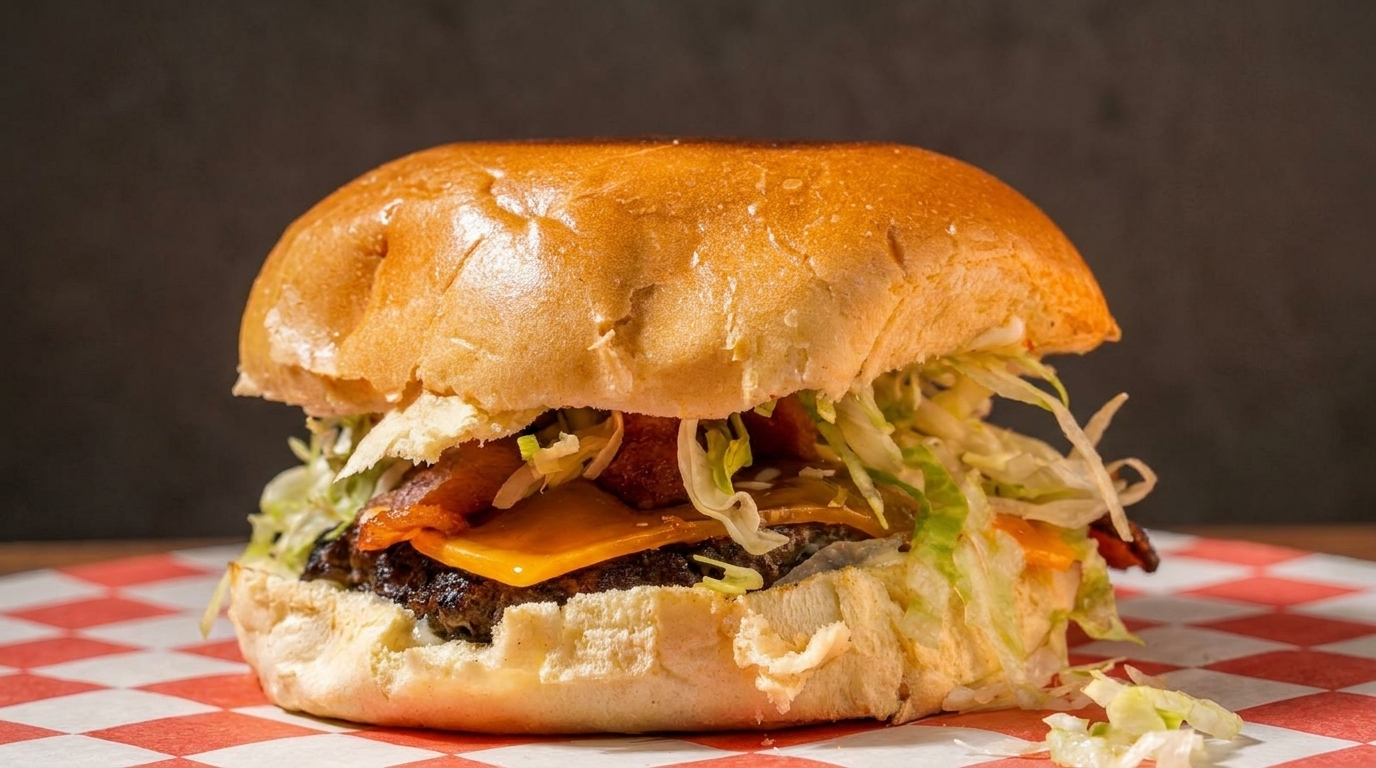 A juicy burger with melted cheese, crispy bacon, and shredded lettuce on a toasted bun.