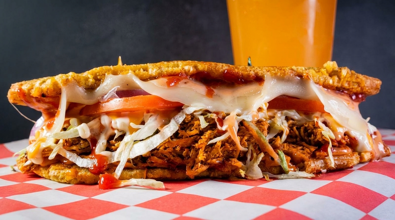 Close-up of a loaded sandwich with pulled pork, cheese, tomatoes, and lettuce on checkered paper.